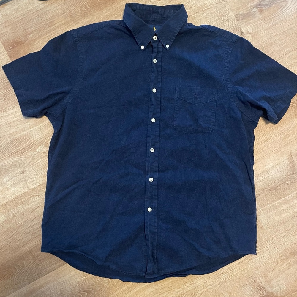 Polo Ralph Lauren Seersucker Mens L Blue Short Sleeve Button Up Shirt
